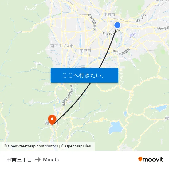 里吉三丁目 to Minobu map