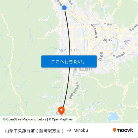 山梨中央銀行前（韮崎駅方面） to Minobu map