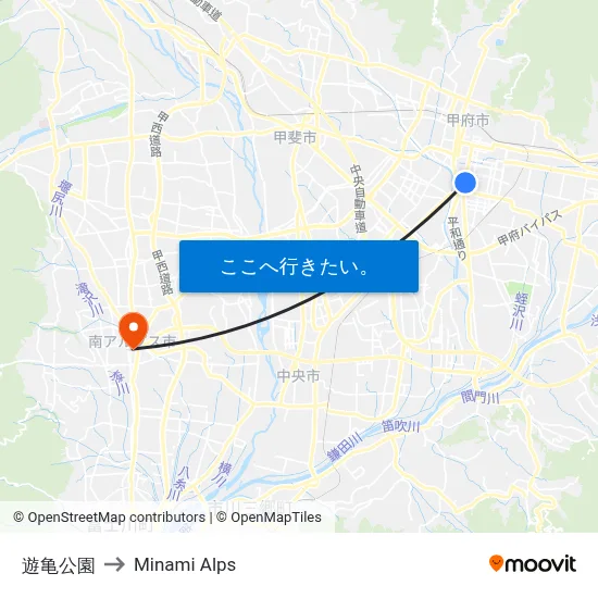 遊亀公園 to Minami Alps map