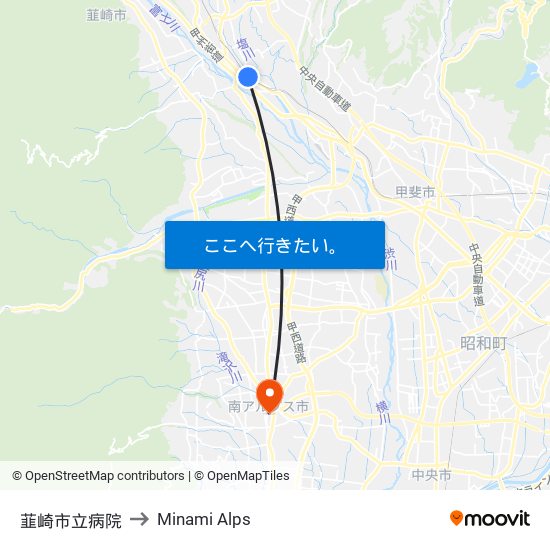 韮崎市立病院 to Minami Alps map