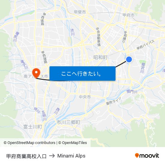 甲府商業高校入口 to Minami Alps map