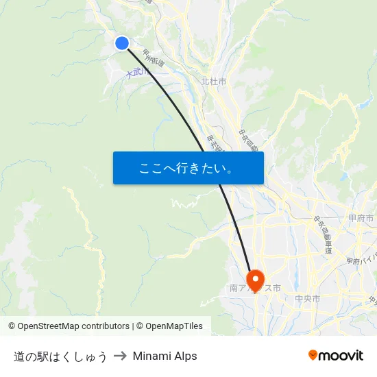道の駅はくしゅう to Minami Alps map