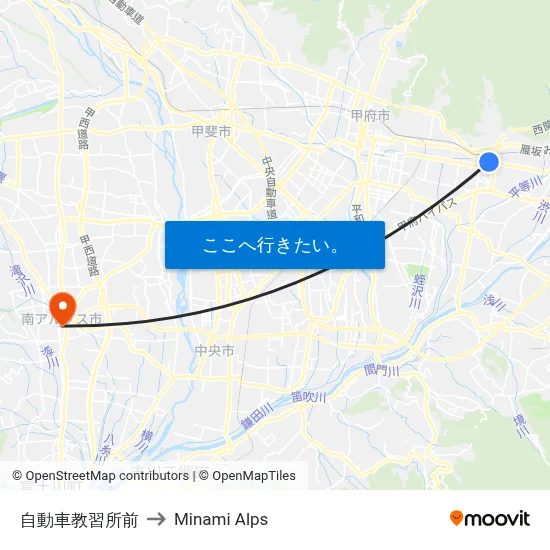 自動車教習所前 to Minami Alps map