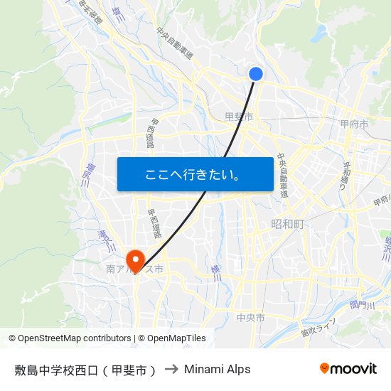 敷島中学校西口（甲斐市） to Minami Alps map