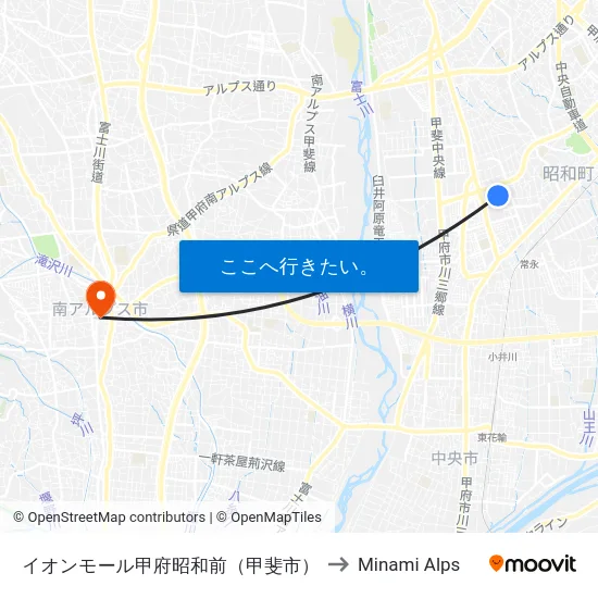 イオンモール甲府昭和前（甲斐市） to Minami Alps map