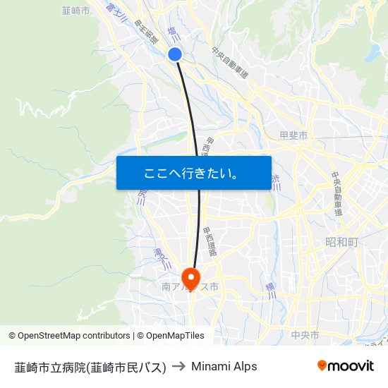 韮崎市立病院(韮崎市民バス) to Minami Alps map