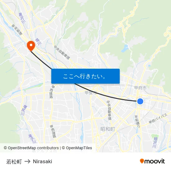 若松町 to Nirasaki map