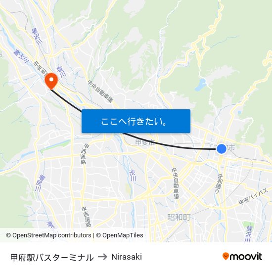 甲府駅バスターミナル to Nirasaki map