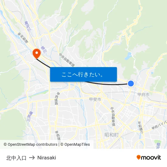 北中入口 to Nirasaki map