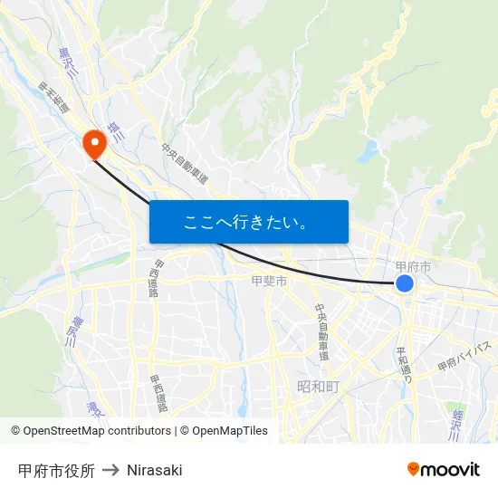甲府市役所 to Nirasaki map