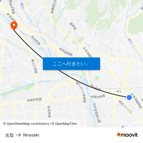 名取 to Nirasaki map
