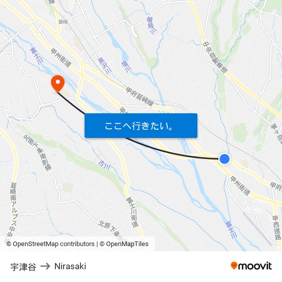 宇津谷 to Nirasaki map