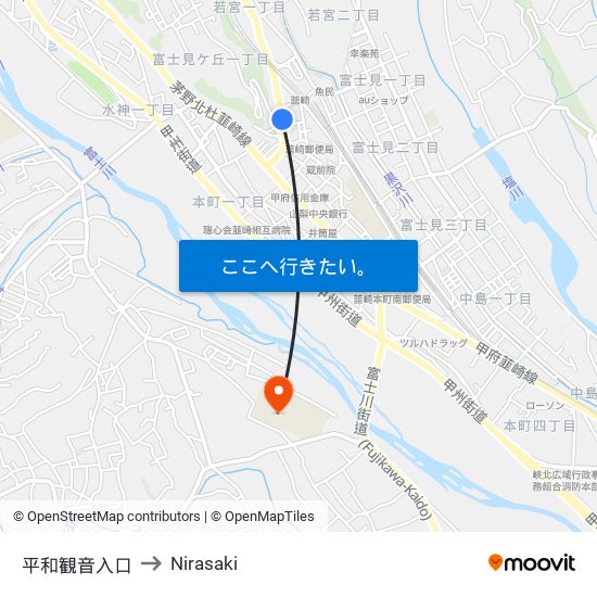 平和観音入口 to Nirasaki map