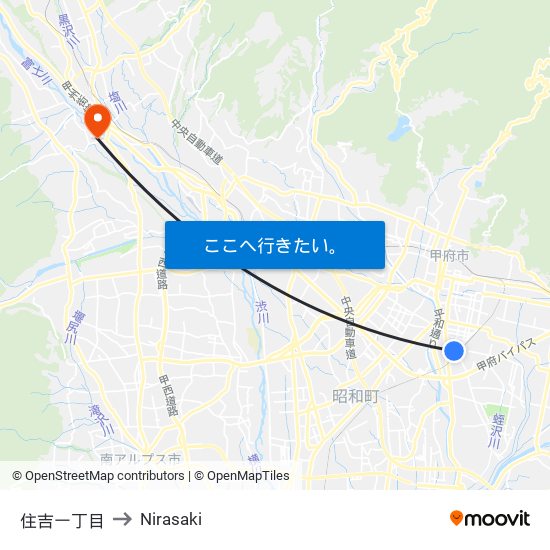 住吉一丁目 to Nirasaki map
