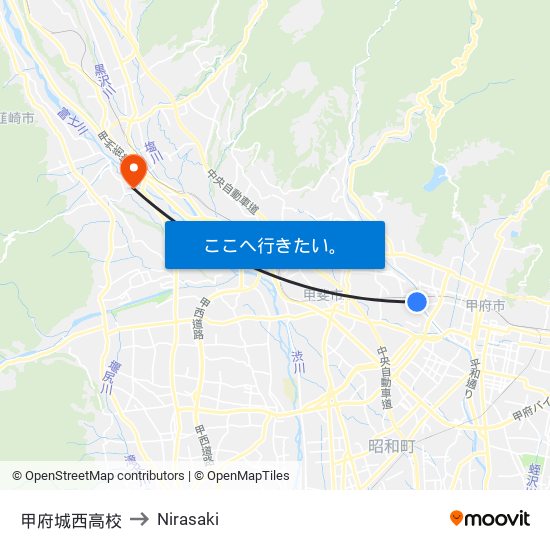 甲府城西高校 to Nirasaki map