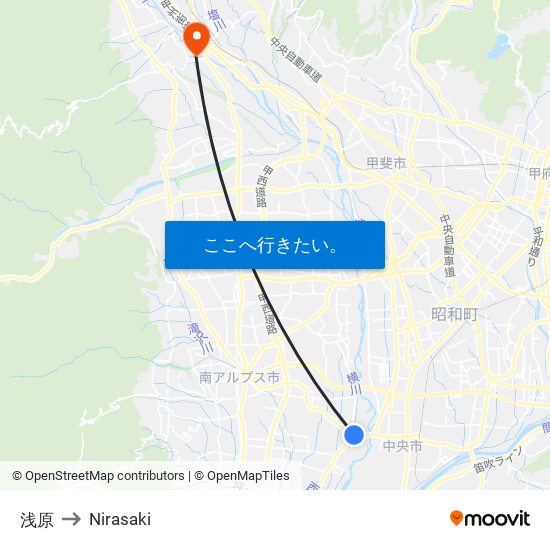 浅原 to Nirasaki map