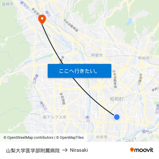 山梨大学医学部附属病院 to Nirasaki map