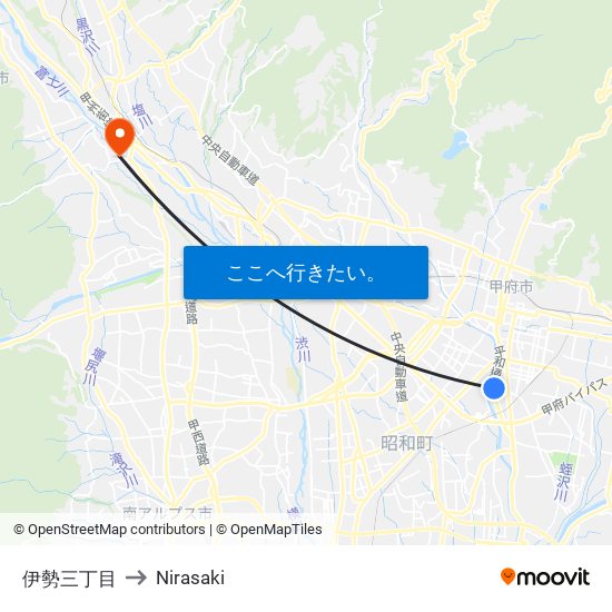 伊勢三丁目 to Nirasaki map