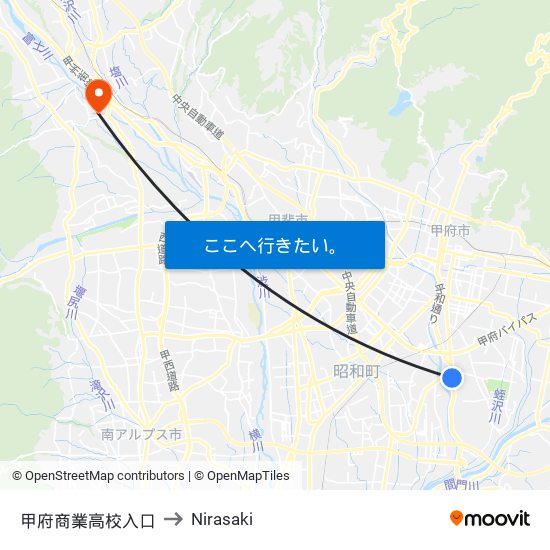 甲府商業高校入口 to Nirasaki map