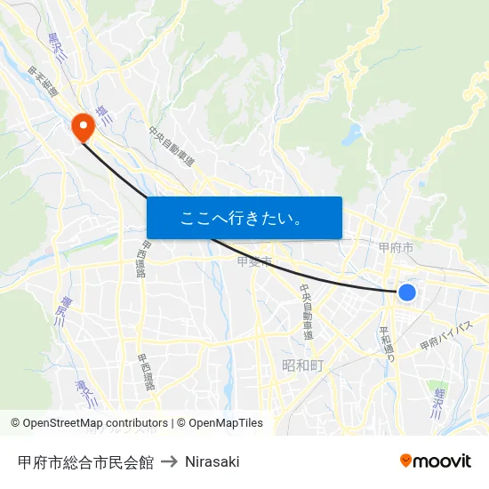 甲府市総合市民会館 to Nirasaki map