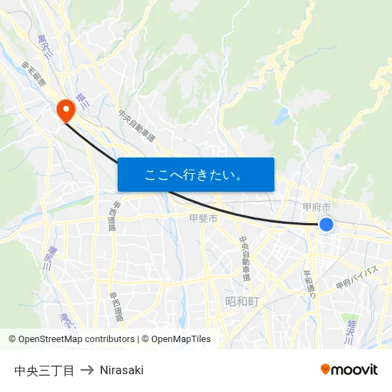 中央三丁目 to Nirasaki map