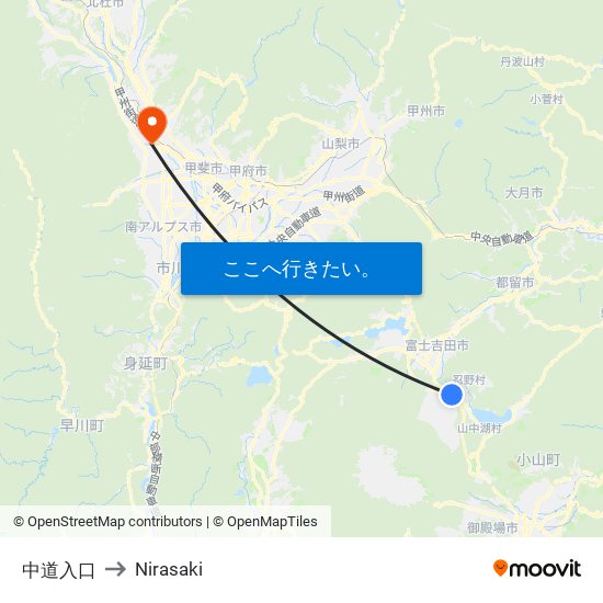 中道入口 to Nirasaki map