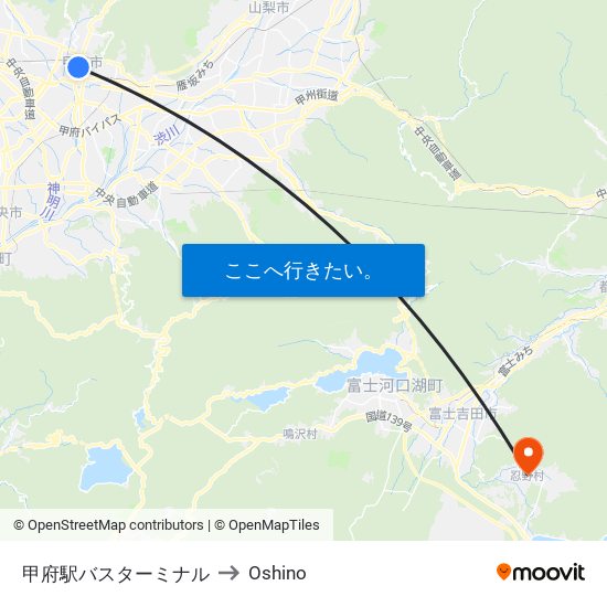 甲府駅バスターミナル to Oshino map