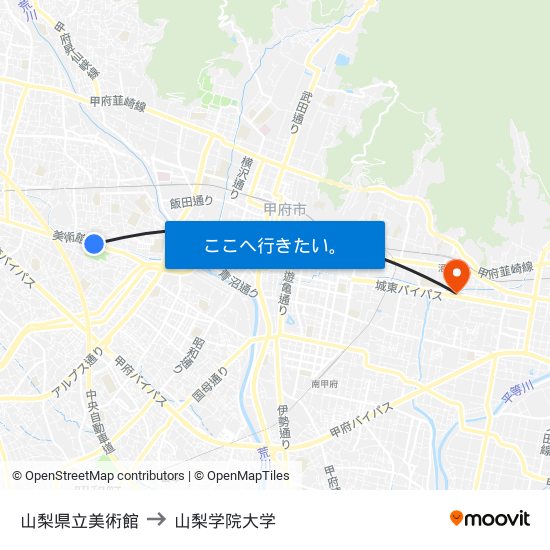 山梨県立美術館 to 山梨学院大学 map