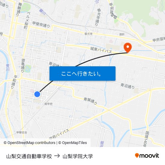 山梨交通自動車学校 to 山梨学院大学 map