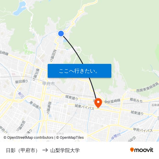 日影（甲府市） to 山梨学院大学 map