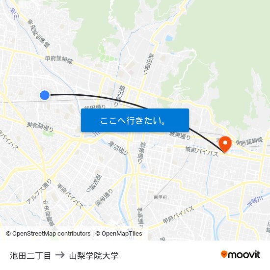 池田二丁目 to 山梨学院大学 map