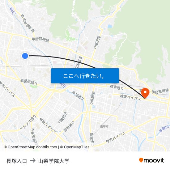 長塚入口 to 山梨学院大学 map