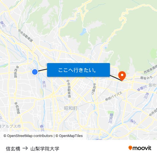 信玄橋 to 山梨学院大学 map