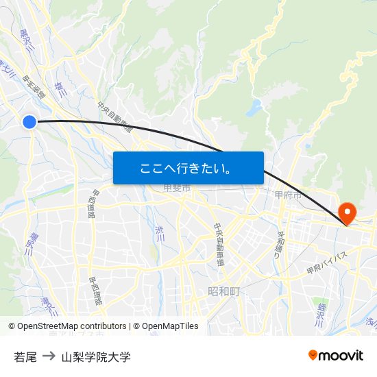 若尾 to 山梨学院大学 map