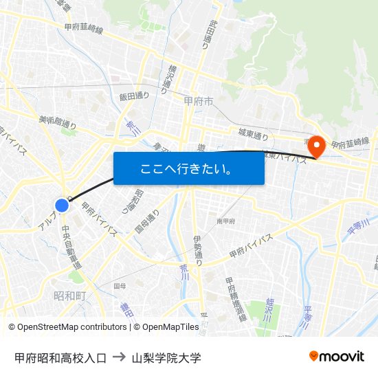 甲府昭和高校入口 to 山梨学院大学 map