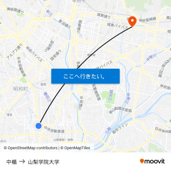 中楯 to 山梨学院大学 map
