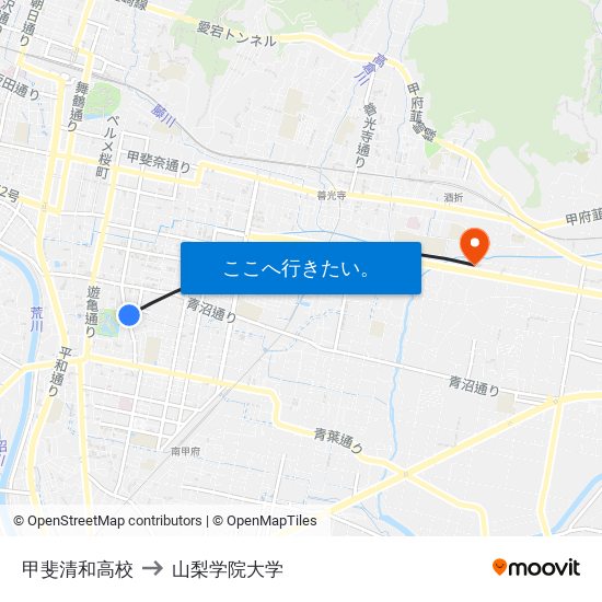 甲斐清和高校 to 山梨学院大学 map