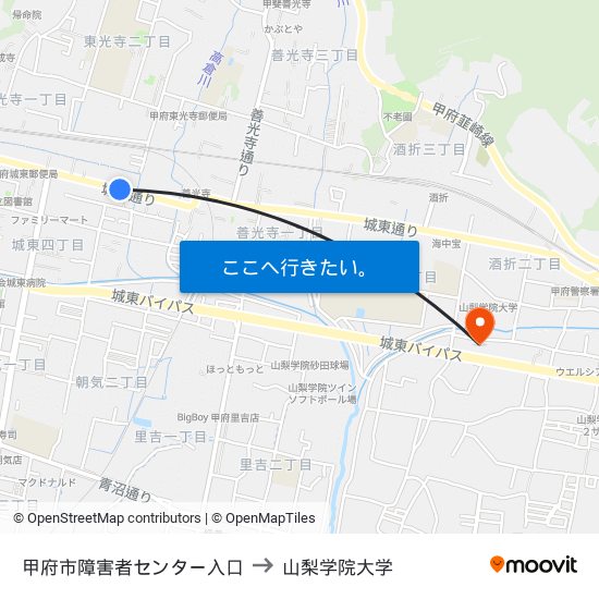 甲府市障害者センター入口 to 山梨学院大学 map