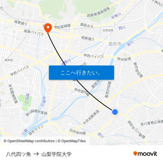 八代四ツ角 to 山梨学院大学 map