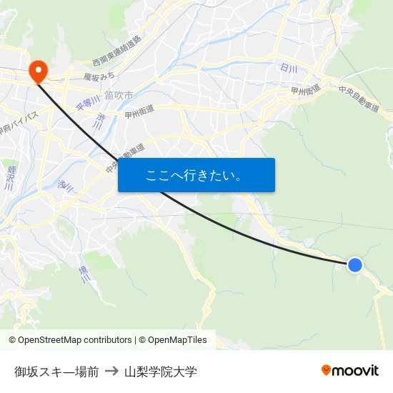 御坂スキ―場前 to 山梨学院大学 map