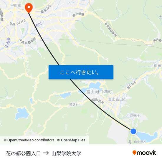花の都公園入口 to 山梨学院大学 map