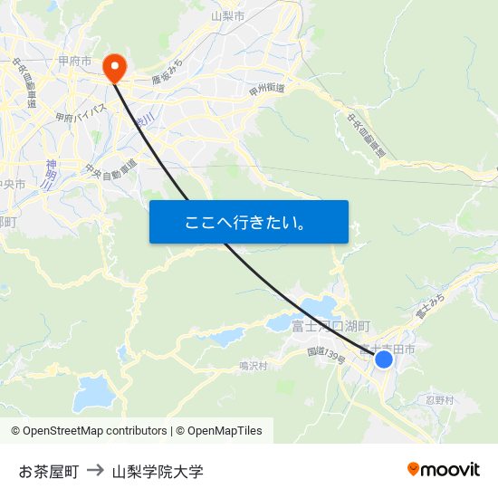 お茶屋町 to 山梨学院大学 map