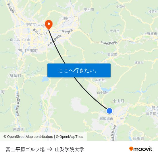 富士平原ゴルフ場 to 山梨学院大学 map