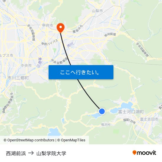 西湖前浜 to 山梨学院大学 map