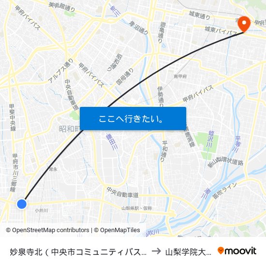 妙泉寺北（中央市コミュニティバス） to 山梨学院大学 map