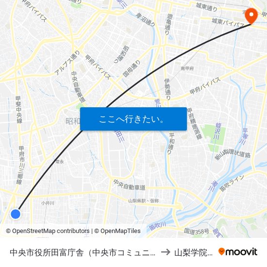 中央市役所田富庁舎（中央市コミュニティバス） to 山梨学院大学 map