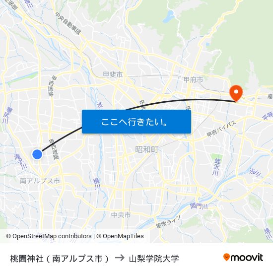 桃園神社（南アルプス市） to 山梨学院大学 map