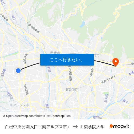 白根中央公園入口（南アルプス市） to 山梨学院大学 map