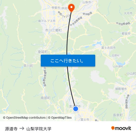 源道寺 to 山梨学院大学 map