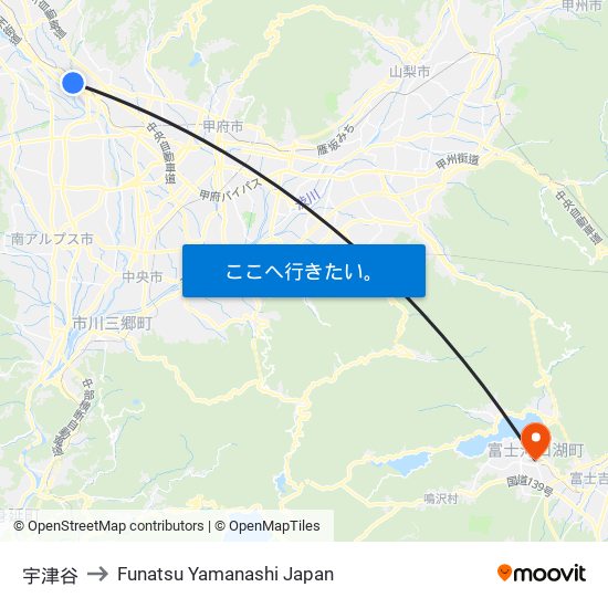 宇津谷 to Funatsu Yamanashi Japan map
